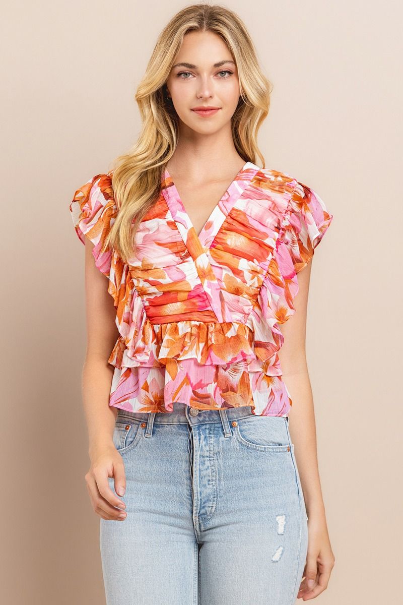 Floral Ruched Top - Orange.  Front view.