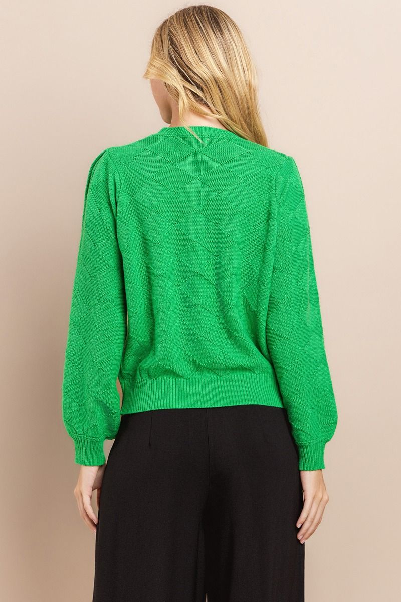 Oversized diamond textured long sleeve knit sweater with balloon sleeves.  Back view.