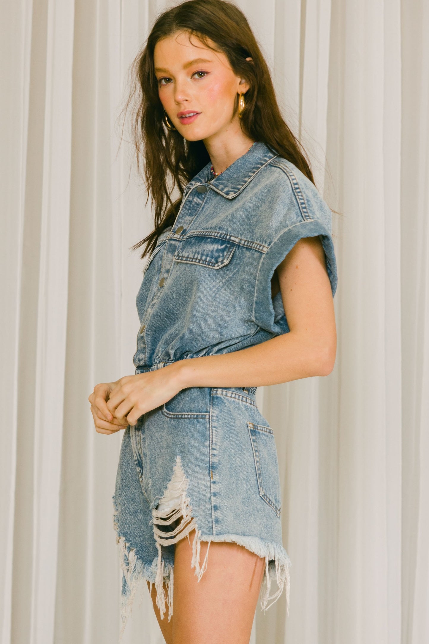 "Country Road" Distressed Hem Denim Romper - Vintage Blue