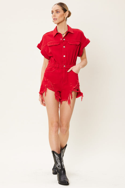 "Country Road" Distressed Hem Denim Romper - Red