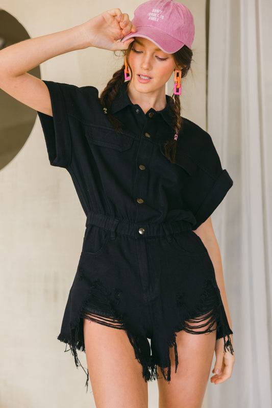 "Country Road" Distressed Hem Denim Romper - Washed Black