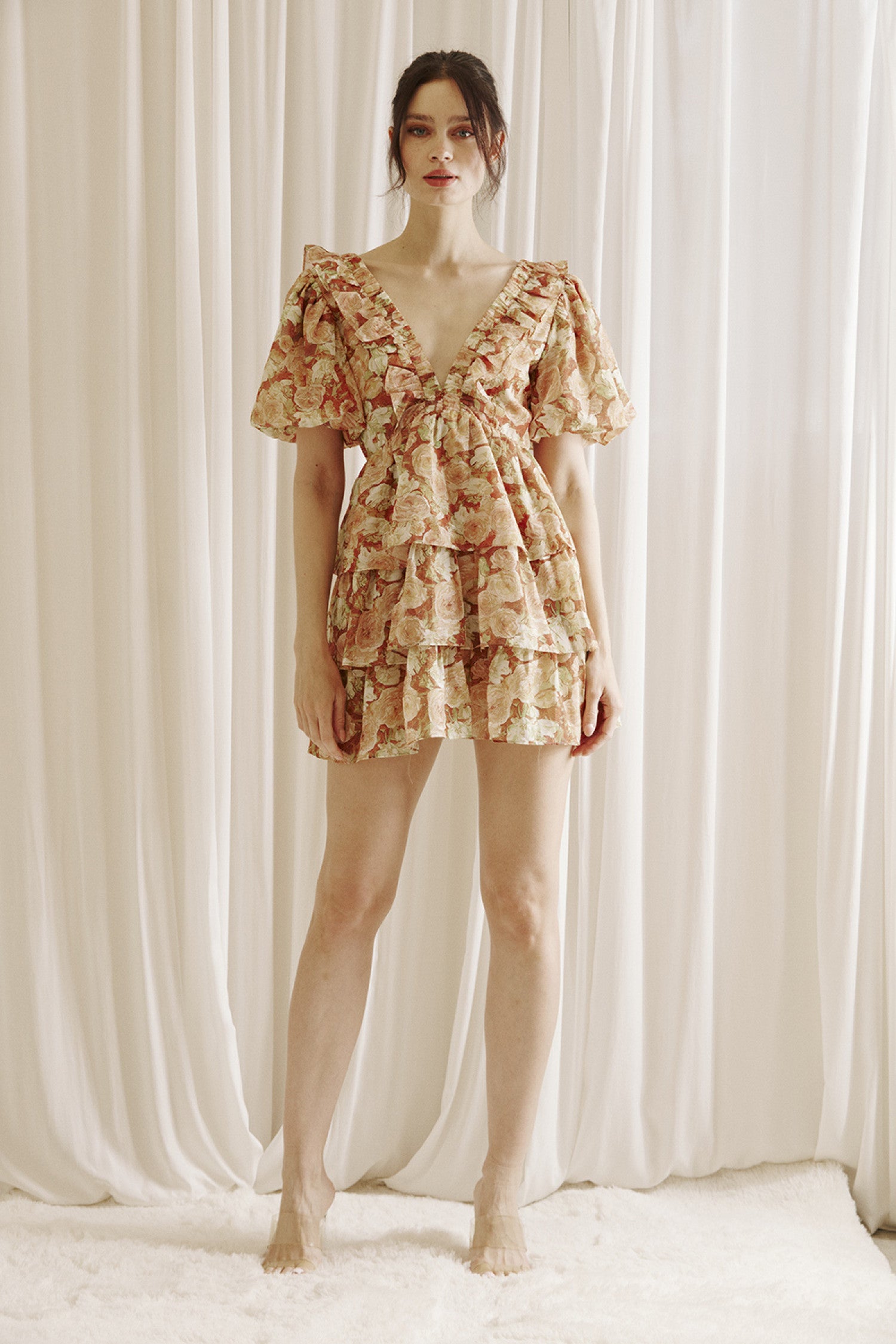 Floral Mini Dress in Brown & Green.  Front full view.