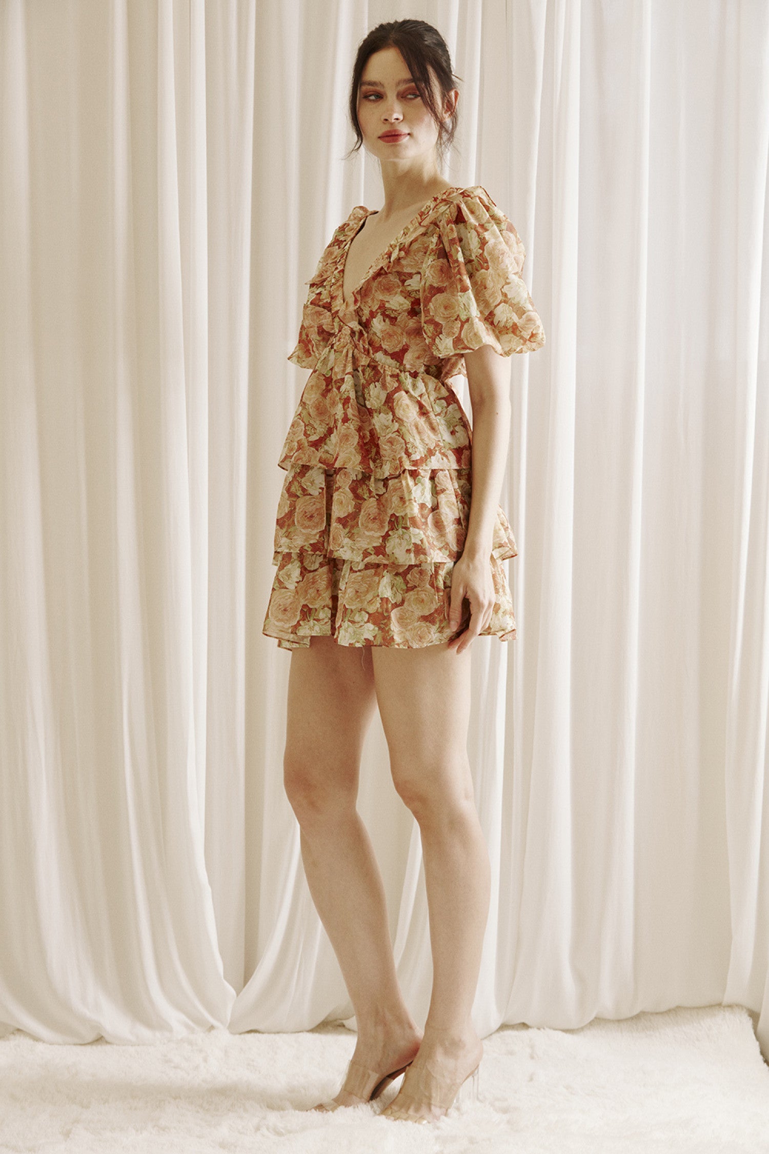 Floral Mini Dress in Brown & Green.  Side view.