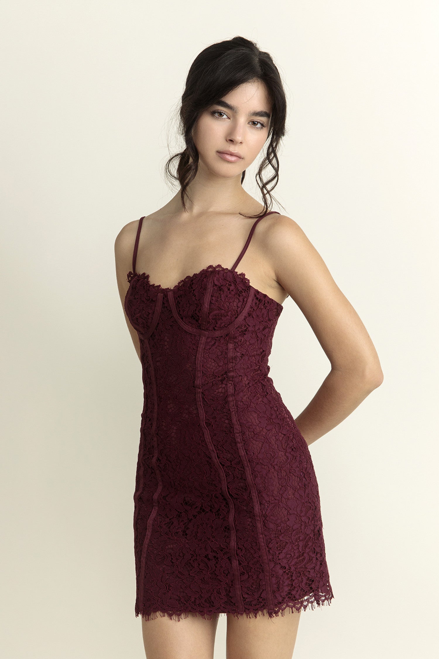 maroon lace mini dress Burgundy Lace Overlay Bustier Mini Dress Burgundy / 8