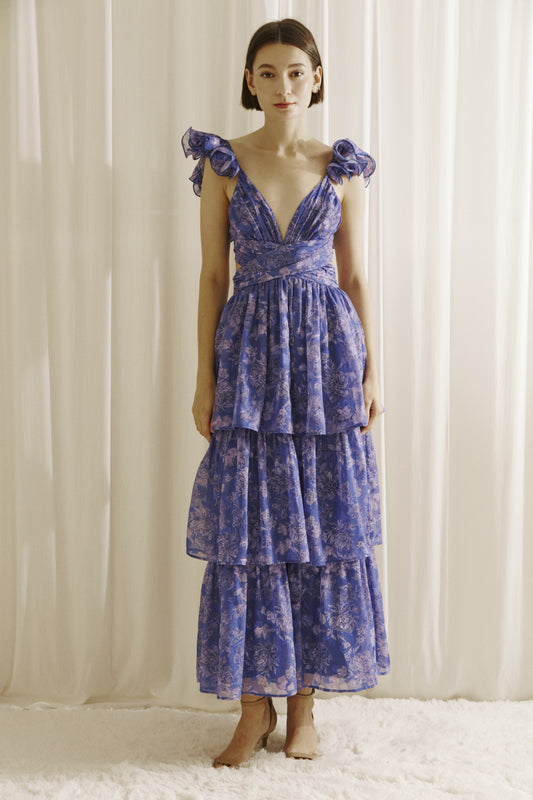 Floral Maxi Dress - Blue & Purple.  Front view.