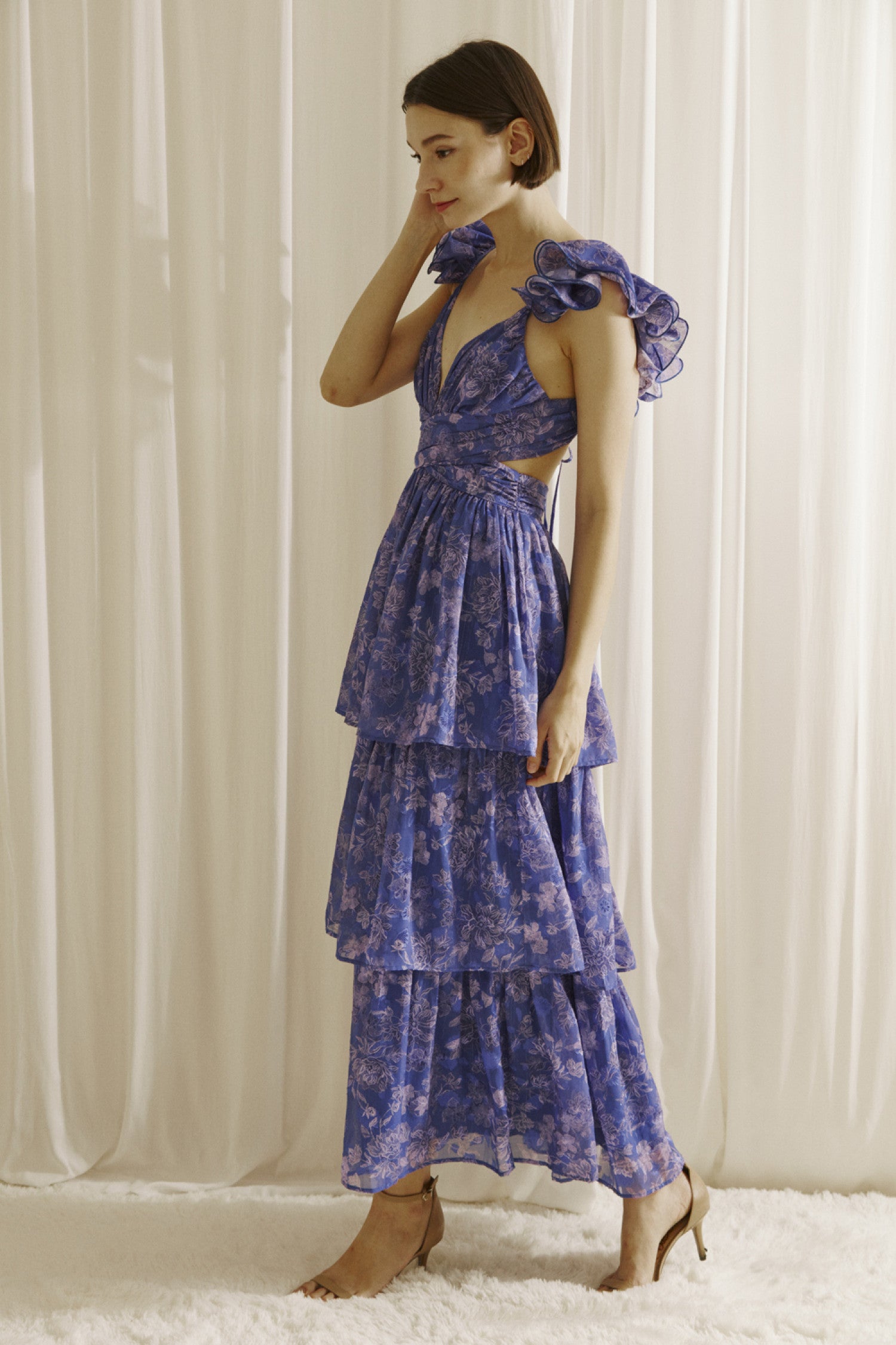 Floral Maxi Dress - Blue & Purple.  Side view.