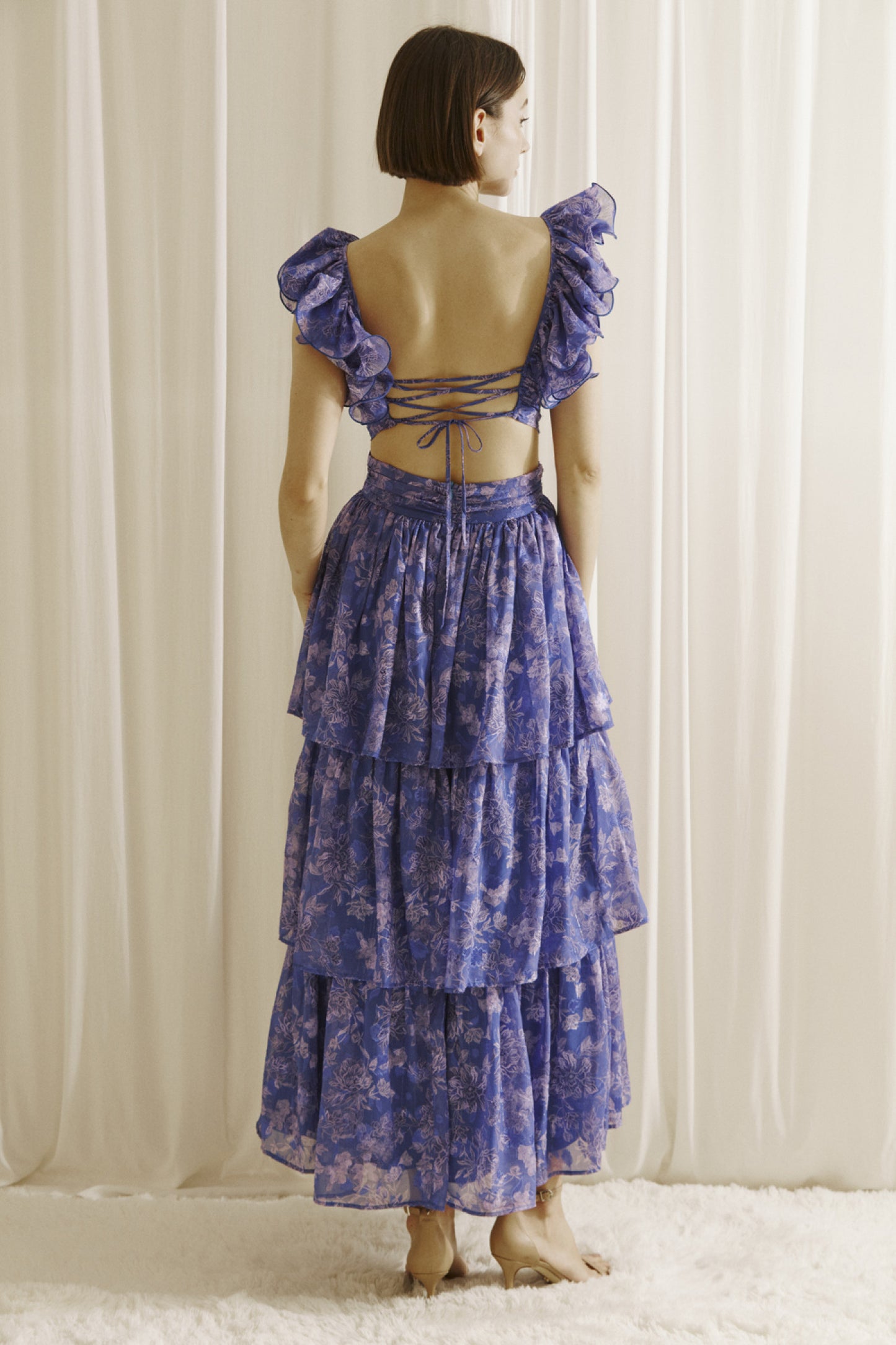 Floral Maxi Dress - Blue & Purple.  Back view.