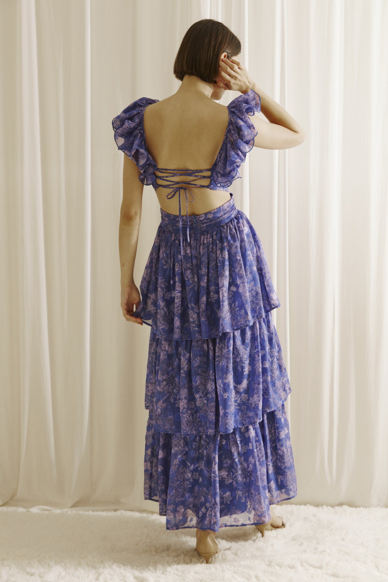 Floral Maxi Dress - Blue & Purple.  Back view.