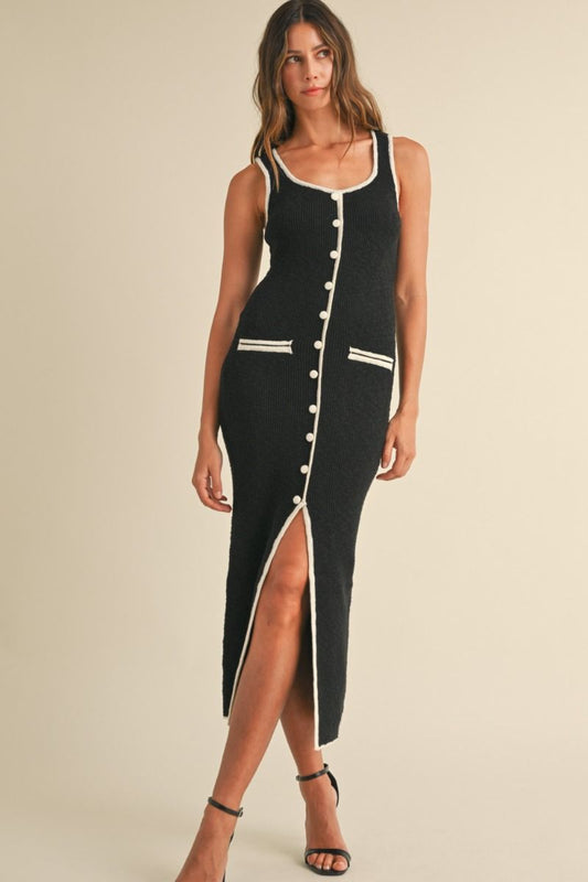 Contrast Knit Midi Dress - Black.  Front full view.