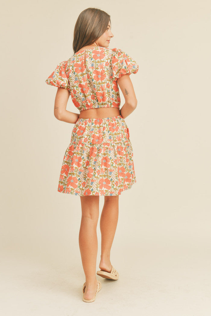 Floral Cut-Out Mini Dress - Coral.  Back full view.