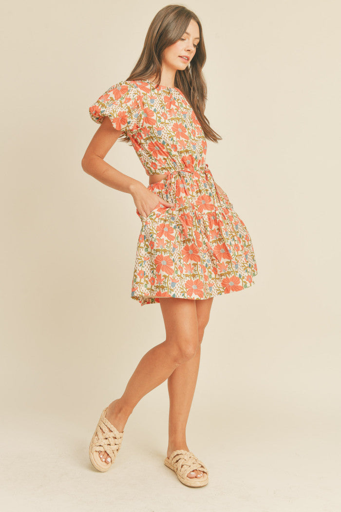 Floral Cut-Out Mini Dress - Coral.  Front view.