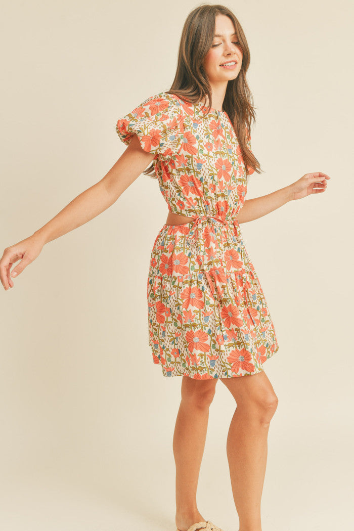 Floral Cut-Out Mini Dress - Coral.  Front view.