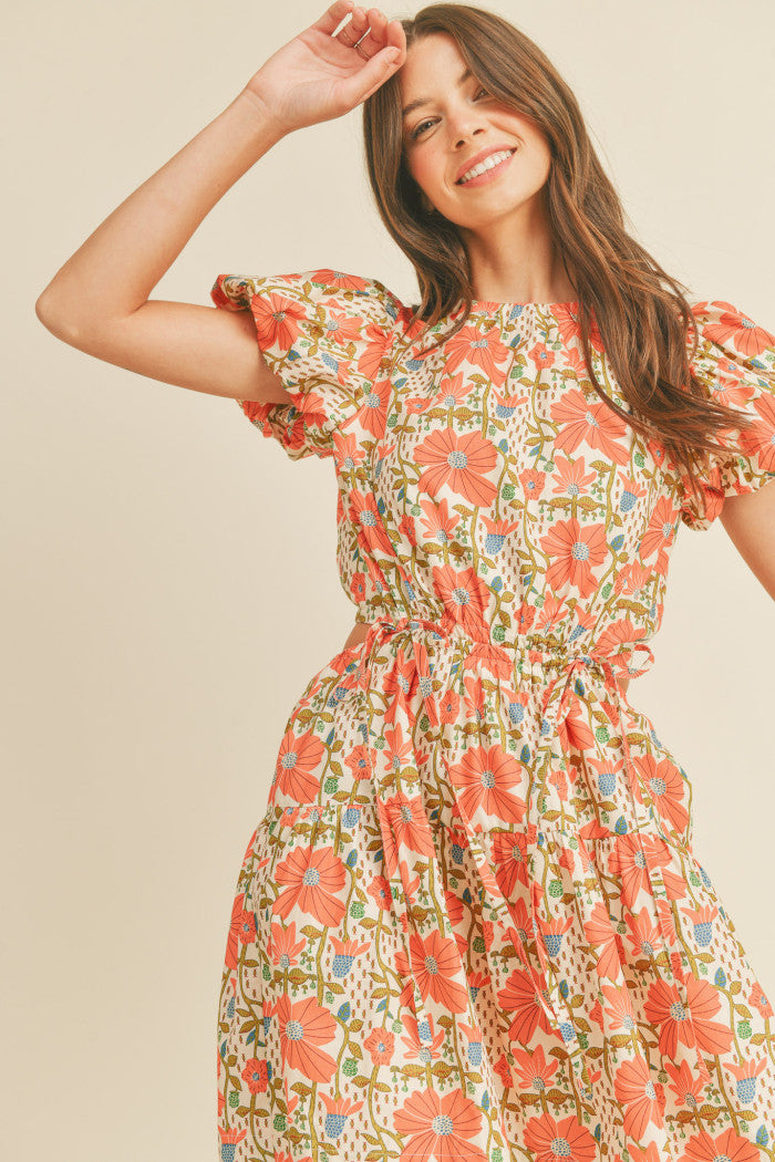 Floral Cut-Out Mini Dress - Coral.  Front close view.