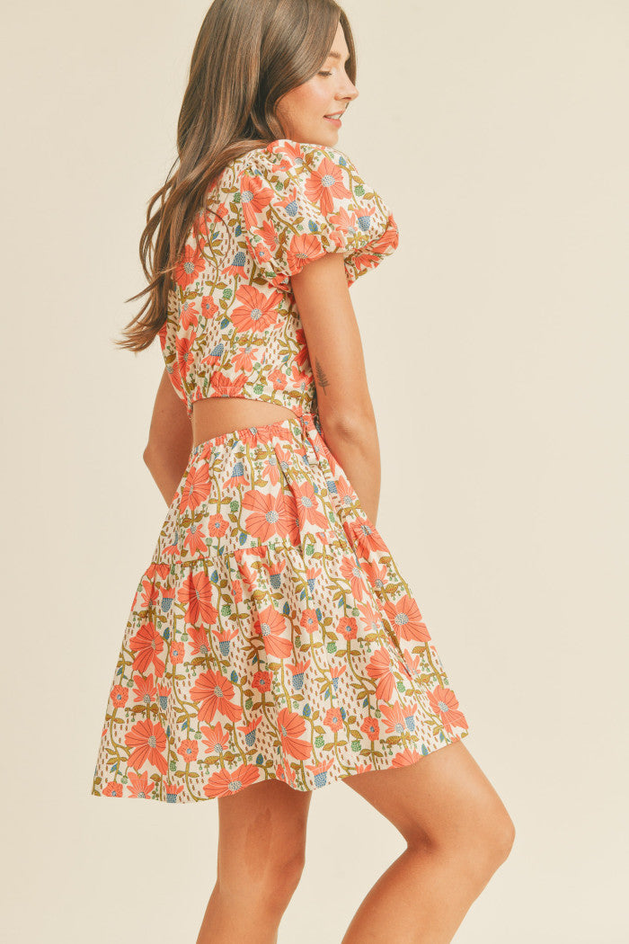 Floral Cut-Out Mini Dress - Coral.  Side view.