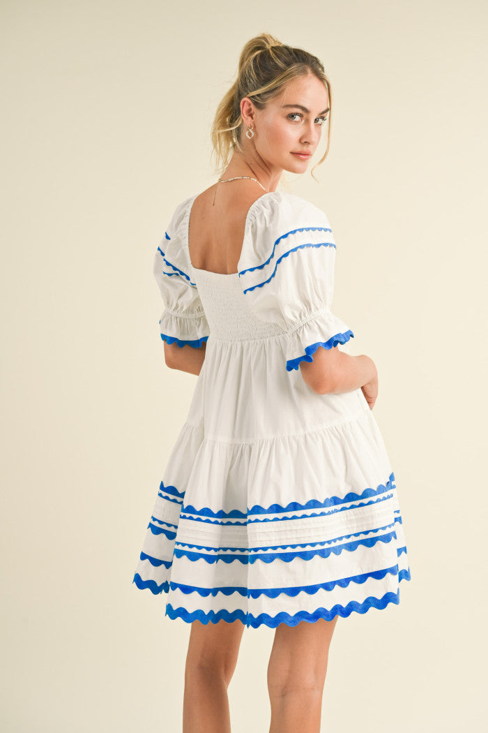 Trim Babydoll Dress - White & Blue.  Back view.