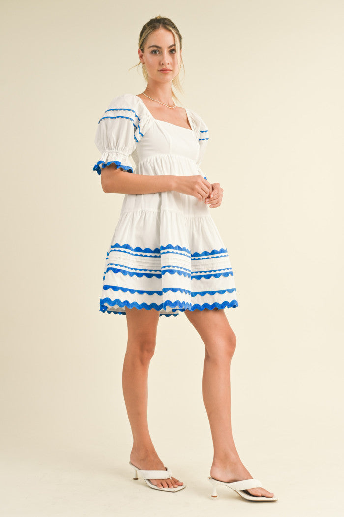 Trim Babydoll Dress - White & Blue.  Front full view.