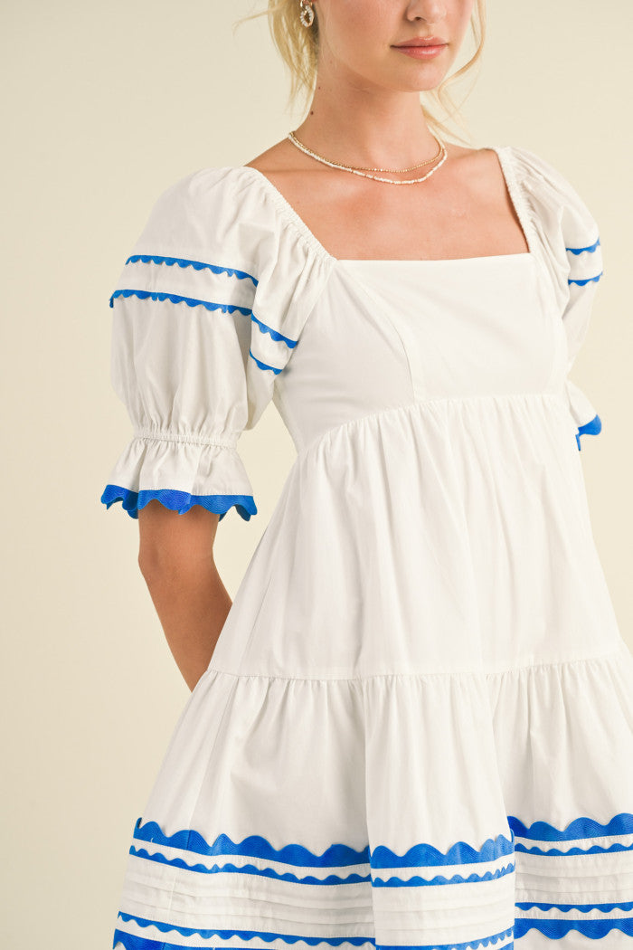 Trim Babydoll Dress - White & Blue.  Front close view.