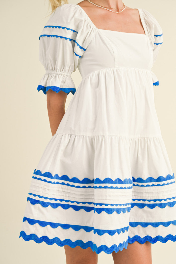 Trim Babydoll Dress - White & Blue.  Front close view.