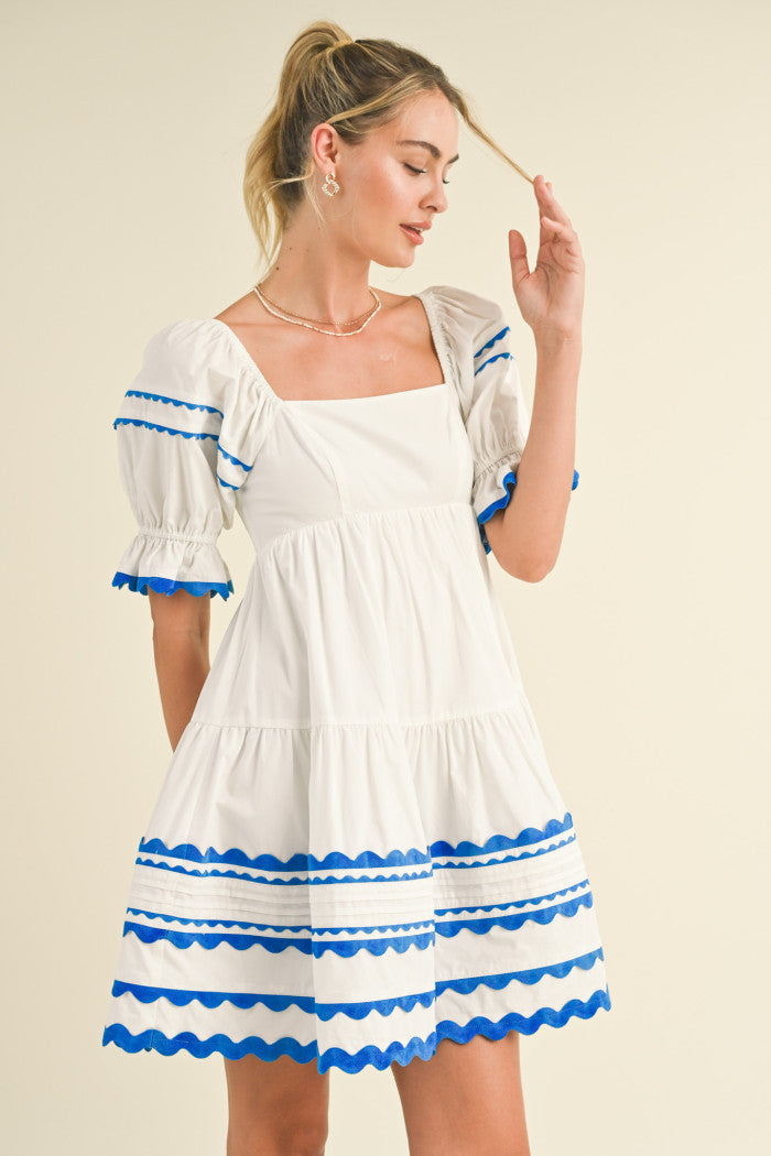 "Harlowe" Trim Babydoll Dress - White & Blue