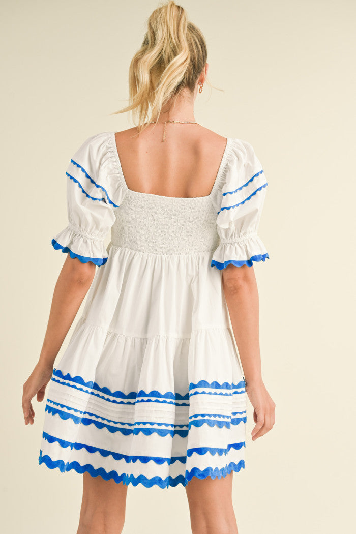 Trim Babydoll Dress - White & Blue.  Back view.