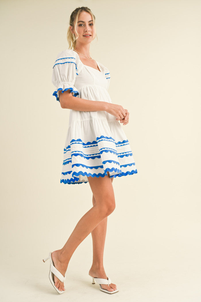 Trim Babydoll Dress - White & Blue.  Side full view.