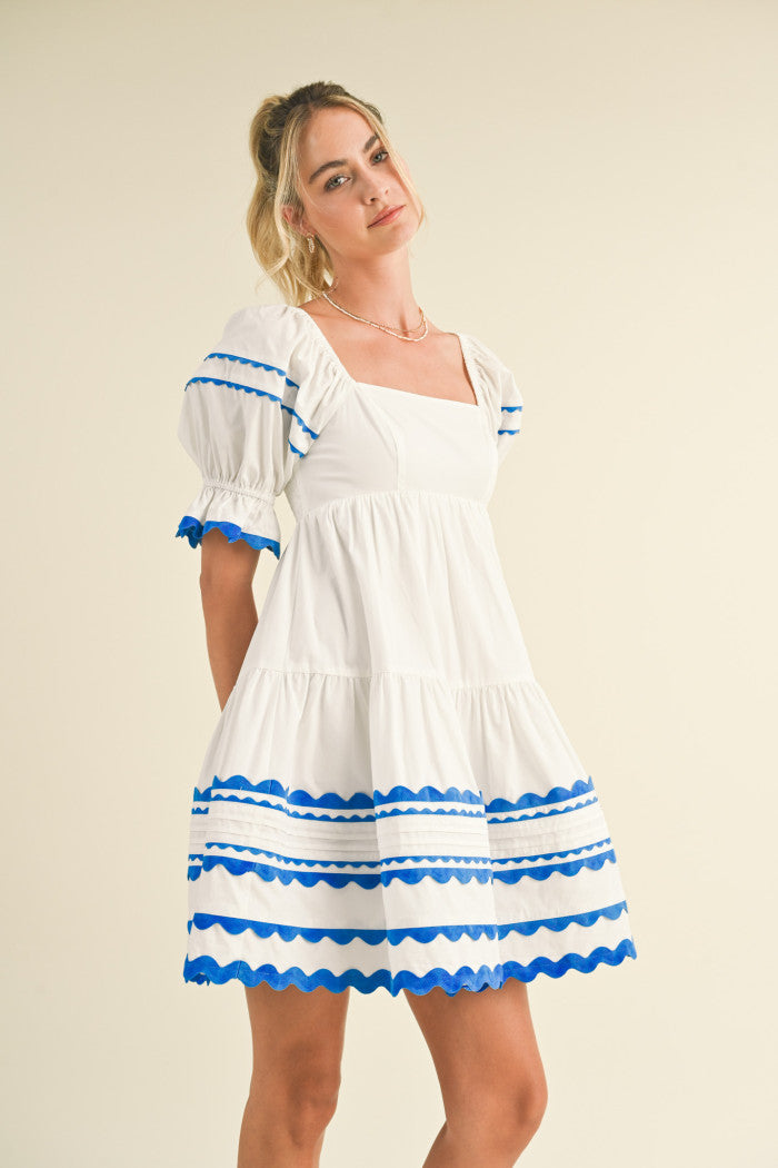 Trim Babydoll Dress - White & Blue.  Front view.