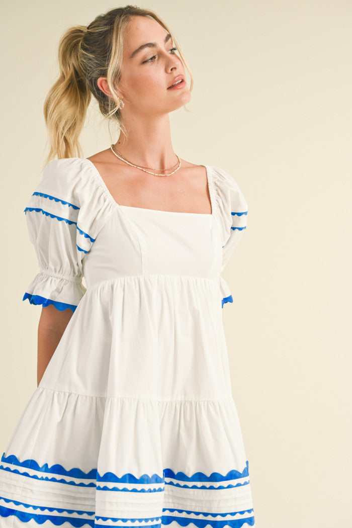 Trim Babydoll Dress - White & Blue.  Front view.