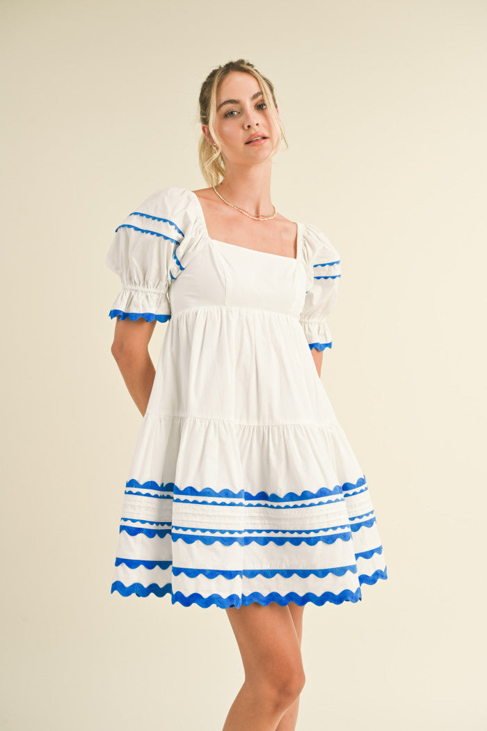 Trim Babydoll Dress - White & Blue.  Front view.