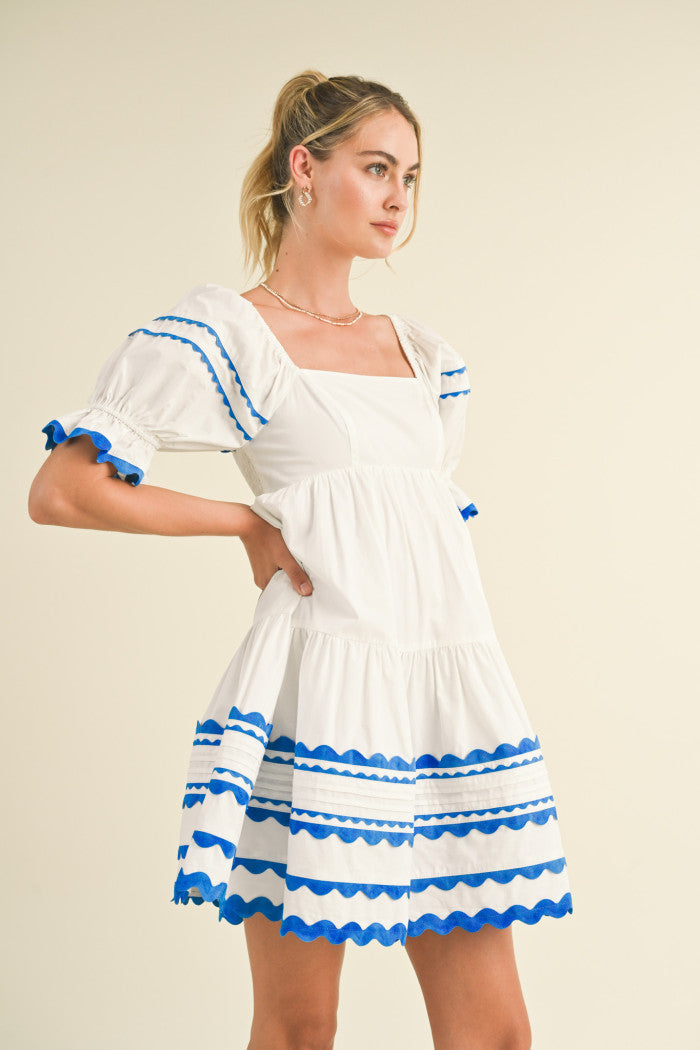 Trim Babydoll Dress - White & Blue.  Side view.