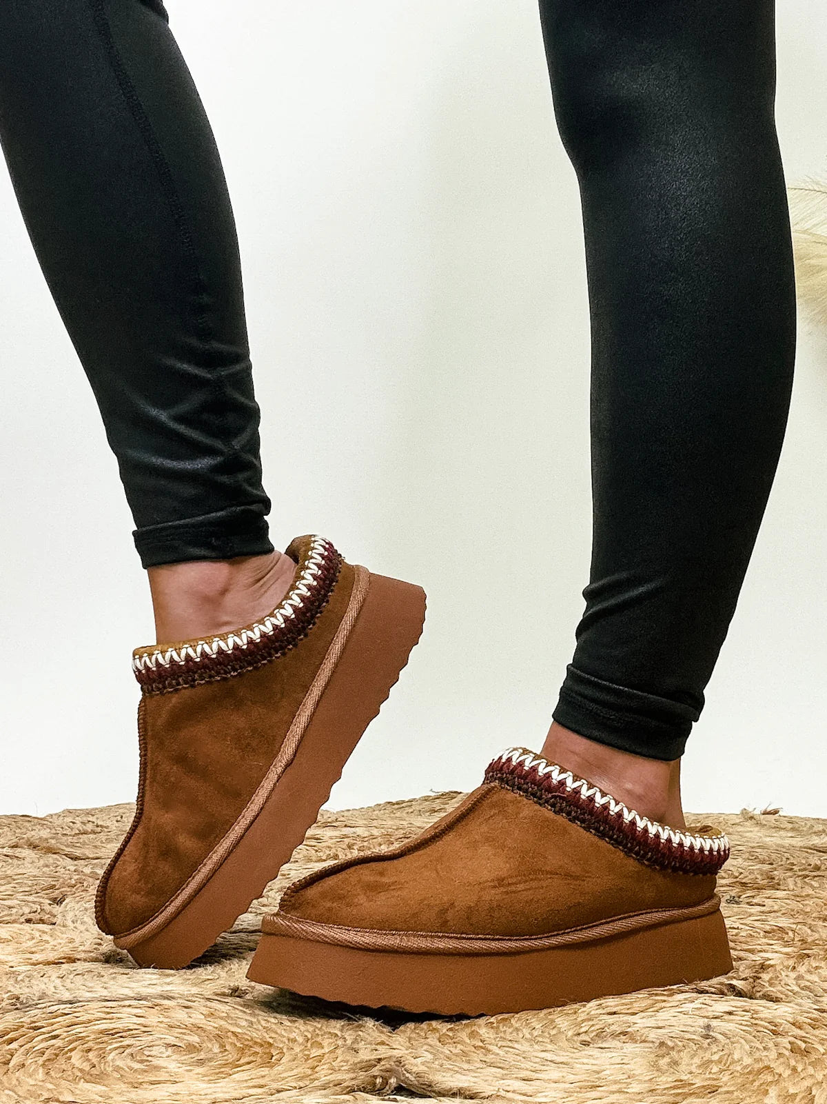 Sherpa-like Slip Ons - Cognac.  Full view