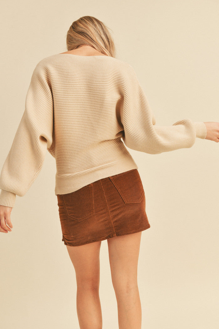 Ribbed Dolman Sweater Beige.  Back view.