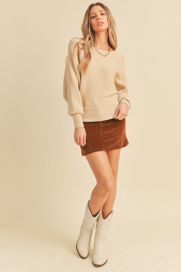 Ribbed Dolman Sweater Beige.  Full view.