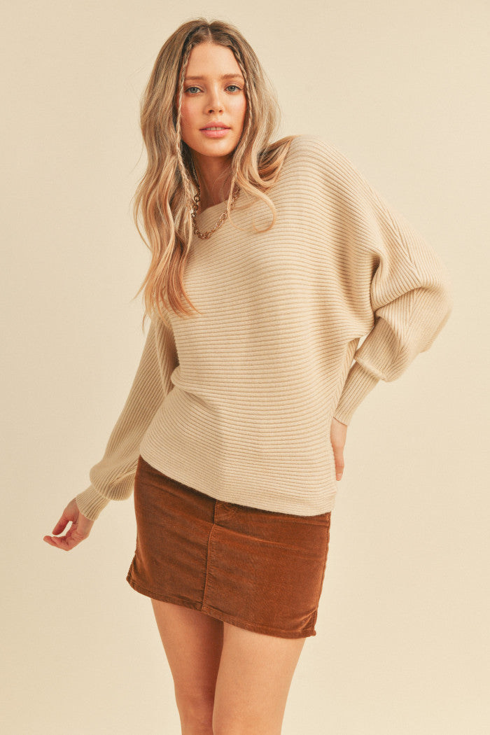 Ribbed Dolman Sweater Beige.  Front view.