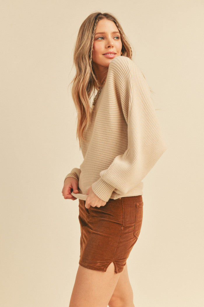 Ribbed Dolman Sweater Beige.  Side view.
