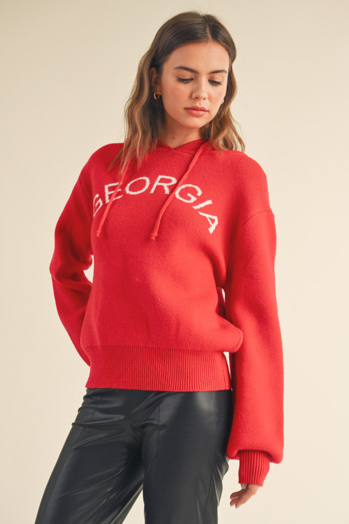 "Georgia" Hoodie Sweater - Red with white.  Puff sleeves, drawstring hoodie, soft oversized knit.  Front view.