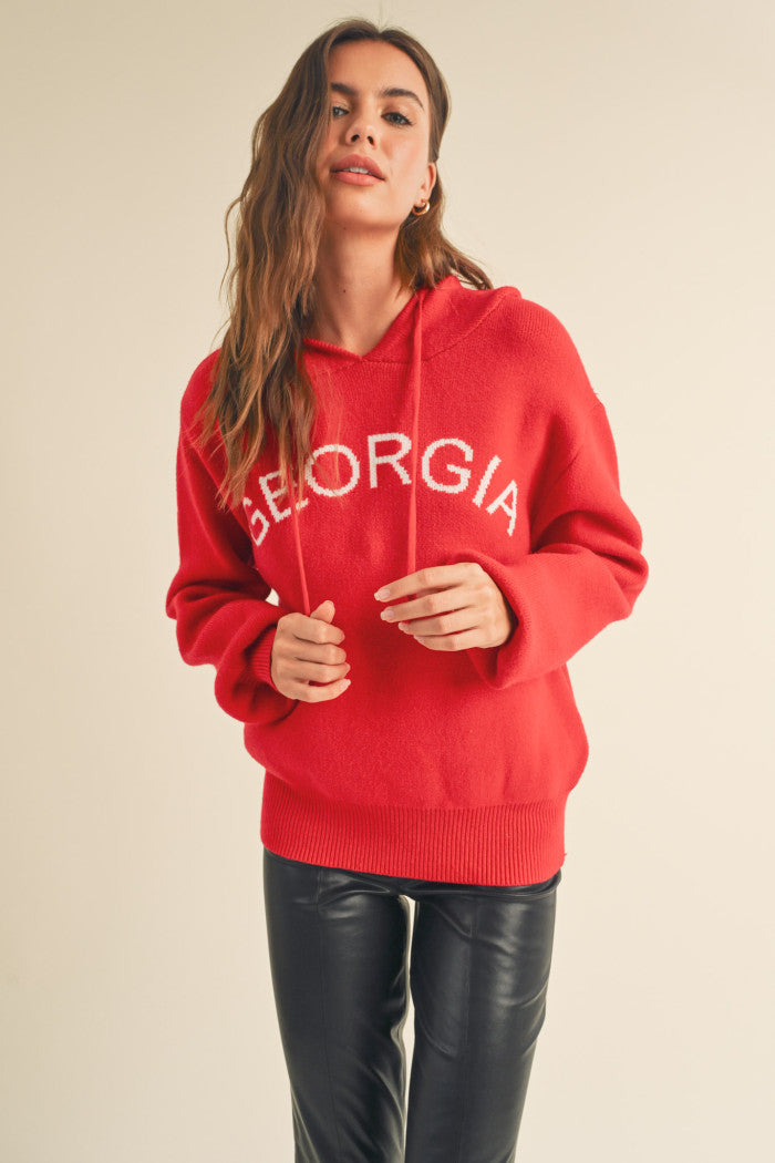 "Georgia" Hoodie Sweater - Red with white.  Puff sleeves, drawstring hoodie, soft oversized knit.  Front view.