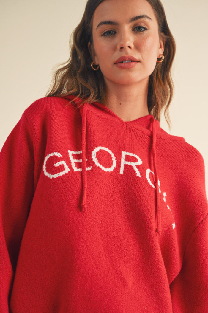 "Georgia" Hoodie Sweater - Red with white.  Puff sleeves, drawstring hoodie, soft oversized knit.  Front close up view.