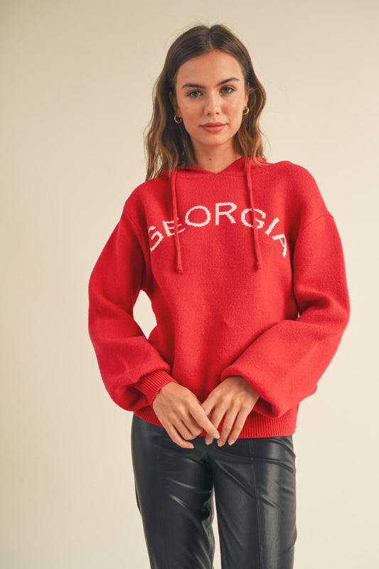 "Georgia" Hoodie Sweater - Red with white.  Puff sleeves, drawstring hoodie, soft oversized knit.  Front view.