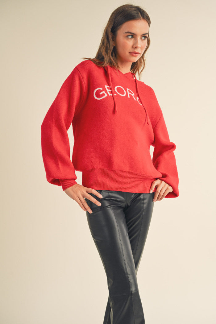"Georgia" Hoodie Sweater - Red with white.  Puff sleeves, drawstring hoodie, soft oversized knit.  Front  view.