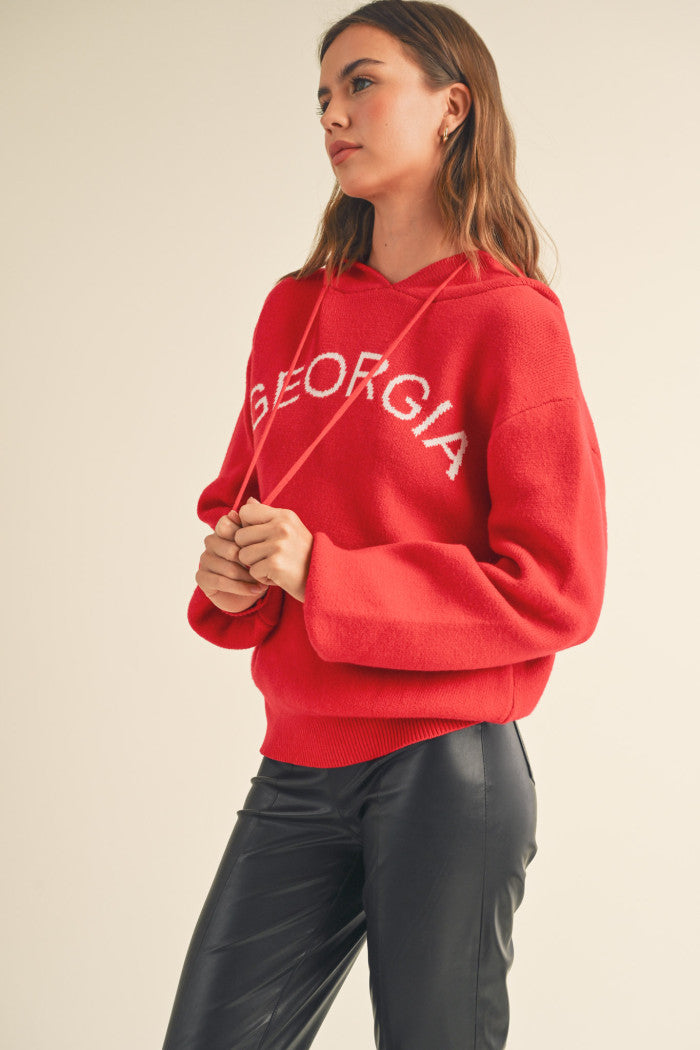 "Georgia" Hoodie Sweater - Red with white.  Puff sleeves, drawstring hoodie, soft oversized knit.  Front  view.