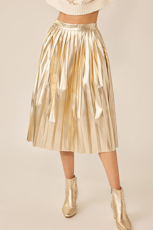 "Biltmore" Metallic Faux Leather Pleated Skirt - Gold