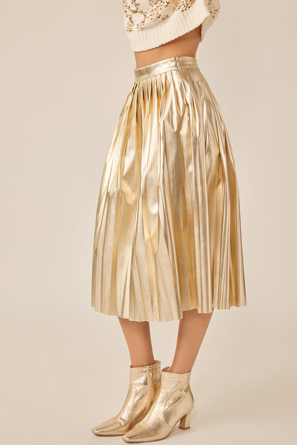 "Biltmore" Metallic Faux Leather Pleated Skirt - Gold