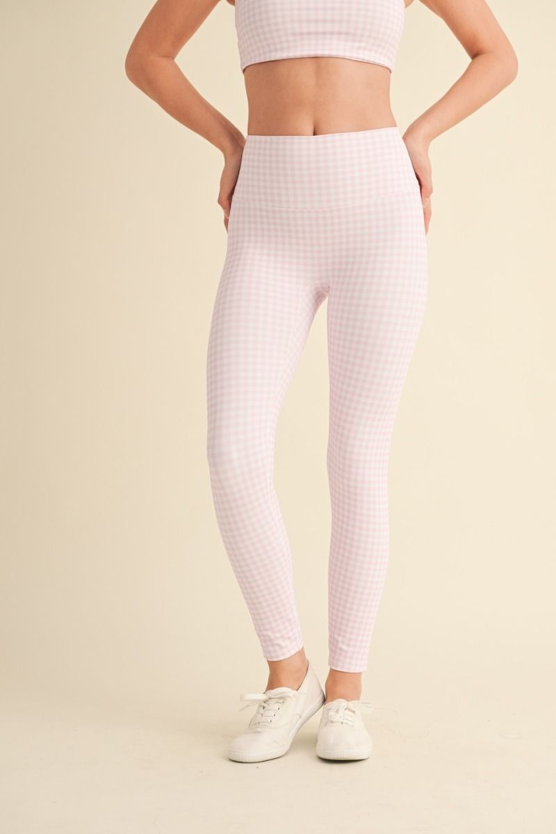 Aligned Performance High-Rise Leggings &amp; Ruched Bra Top - Pink gingham -leggings front view.